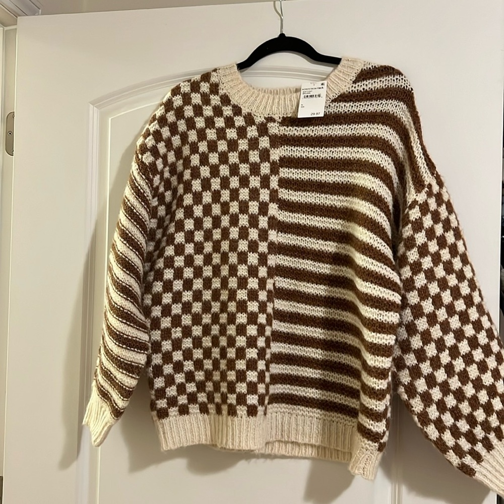 Brown and white checkered/striped sweater